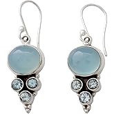 NOVICA Artisan Handmade Blue Topaz Chalcedony Dangle Earrings Light Gemstone Sterling Silver Settings India Serenity Birthstone [1.6 in L x 0.5 in W x 0.3 in D] ' Bubbling Stream'