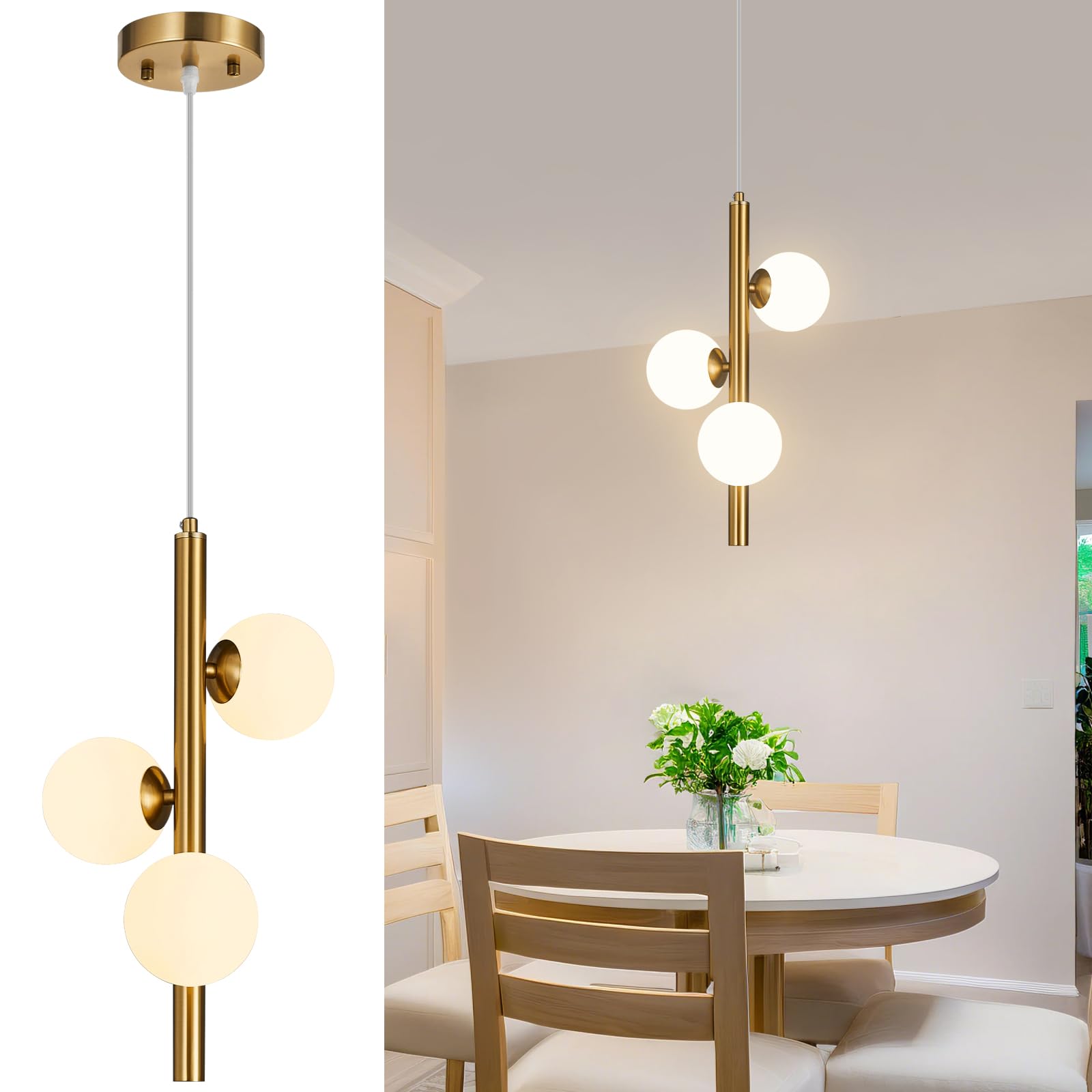 Photo 1 of FDPBY Gold Pendant Lights Kitchen Island 3 Light Milk Glass Pendant Light Mid Century Modern Chandelier Mini Small Glass Globe Pendant Lighting for Kitchen Island Bedroom Dining Room