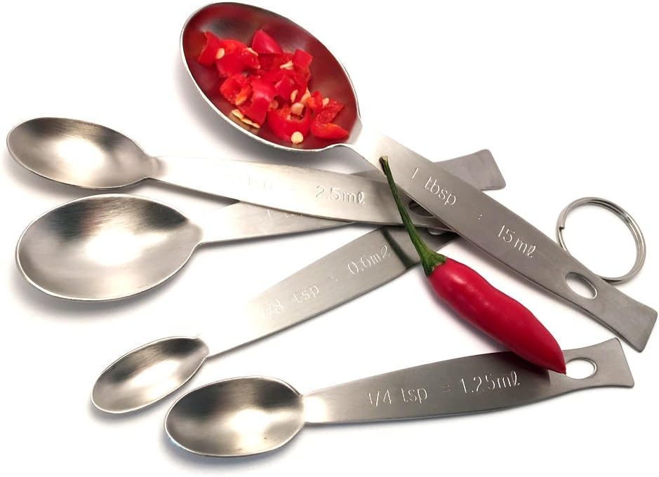 Measuring Spoons Stainless Steel Commercial Quality Oval and Narrow Shape to Fit Thin Mouth Spice Jars USA and Metric Measurements Set of 5 by Foodytools