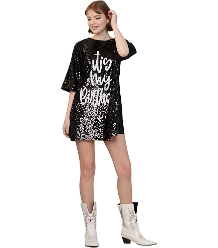black glitter t shirt dress KAOBIO Women's Sequin Birthday Queen with Heart Sparkly Letter Print Party Club Outfits Mini Dress (One Size,A Black): Clothing, Shoes & Jewelry Taylor swift