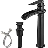 BWE Vessel Sink Faucet Waterfall Matte Black Bathroom Faucets Single Hole Single Handle Bathroom Sink Faucet Tall Vessel Faucet with Pop Up Drain and Water Supply Line