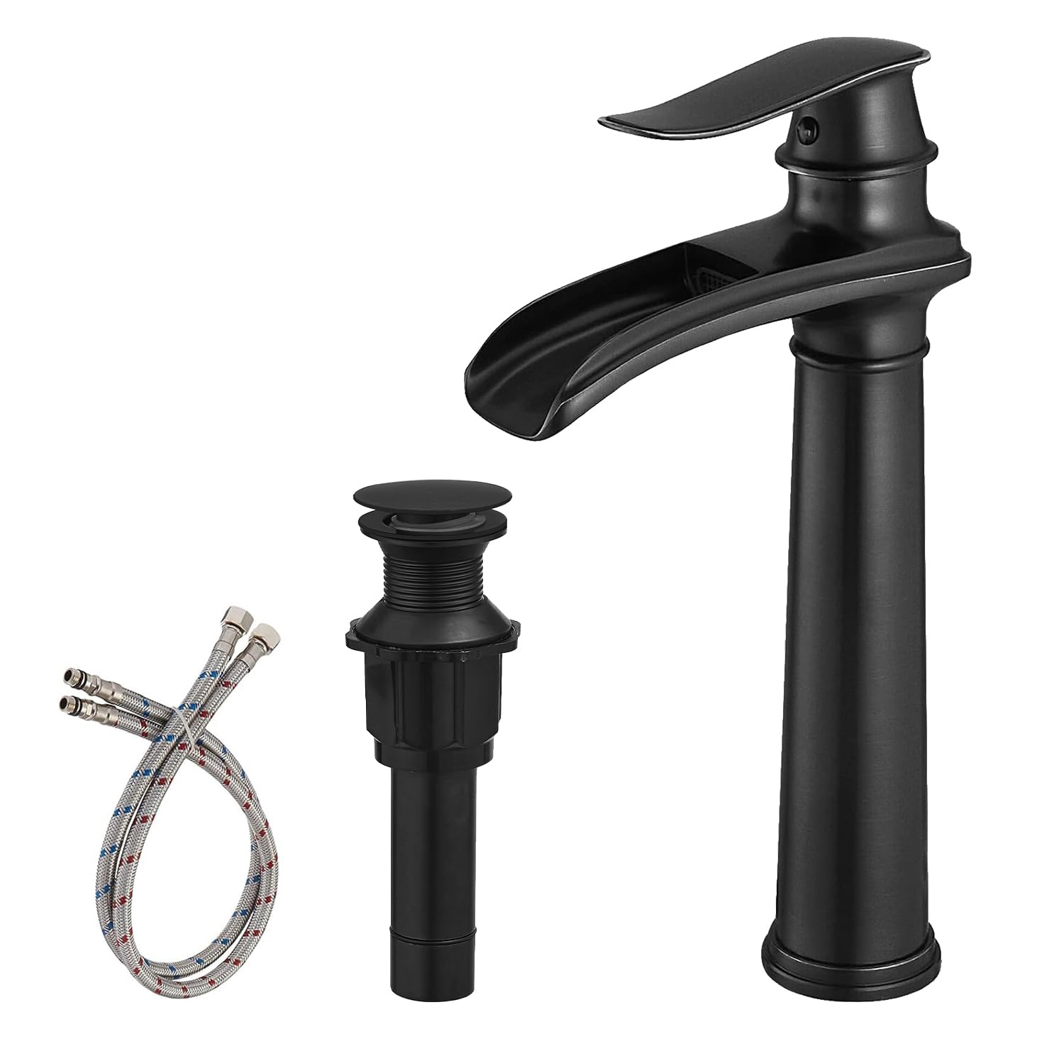 Photo 1 of BWE Vessel Sink Faucet Waterfall Matte Black Bathroom Faucets Single Hole Single Handle Bathroom Sink Faucet Tall Vessel Faucet with Pop Up Drain and Water Supply Line