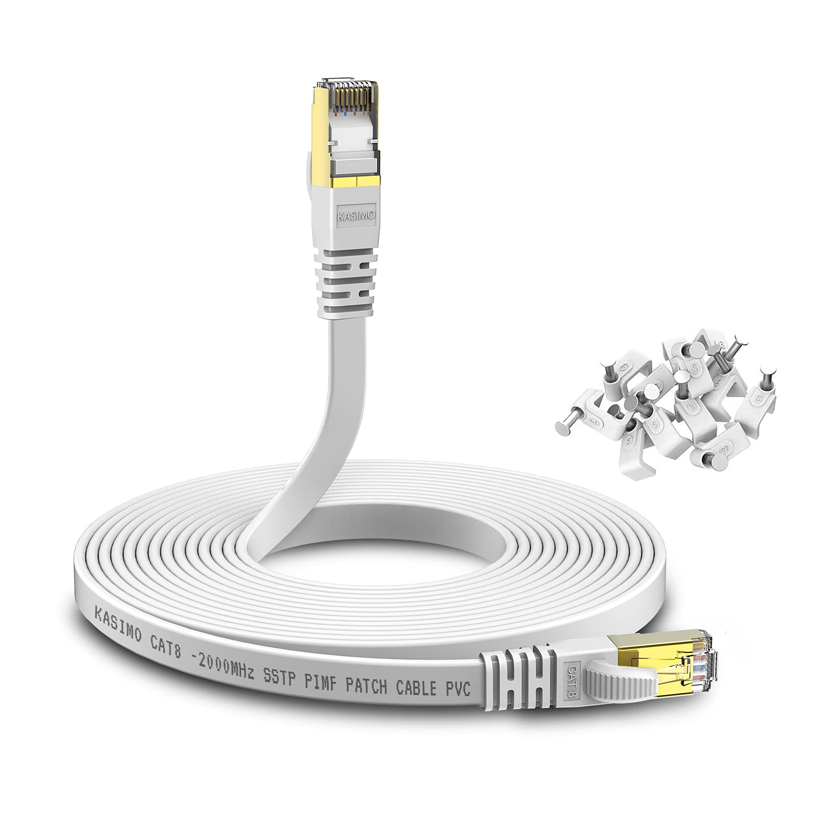 Cat 8 Flat Ethernet Cable 50M KASIMO Internet LAN Cable with Cable Clips 40Gbps 2000MHz High Speed Network Patch SSTP Ethernet Cord with RJ45 Connector for Router Modem Switch Gaming Xbox
