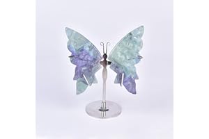 JIC Gem Amazing Gemstone Feather Fluorite Crystal Butterfly Art Decorative Healing Crystal Slices Carved Angel Wings with Stand Office Home Decor Reiki Crystal Gifts (1pair, 10cm)