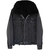BININBOX Women’s Denim Jacket Thickened Distressed Coat with Faux Fur Collar Warm Fleece Lined Parka Casual Winter Outerwear