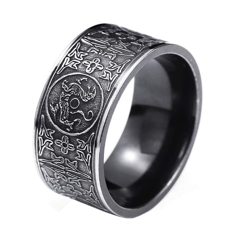 HIJONES Men's Stainless Steel Chinese Ancient 4 Guardian Beasts Ring Dragon White Tiger Suzaku Basalt Black Size W 1/2