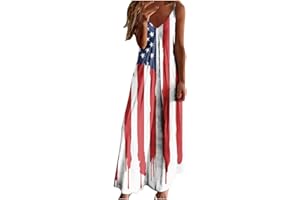 MAMIDAY 2024 Casual Maxi Dresses for Women Spaghetti Strap Patriotic Dress V Neck American Flag Dress Independence Day Outfit