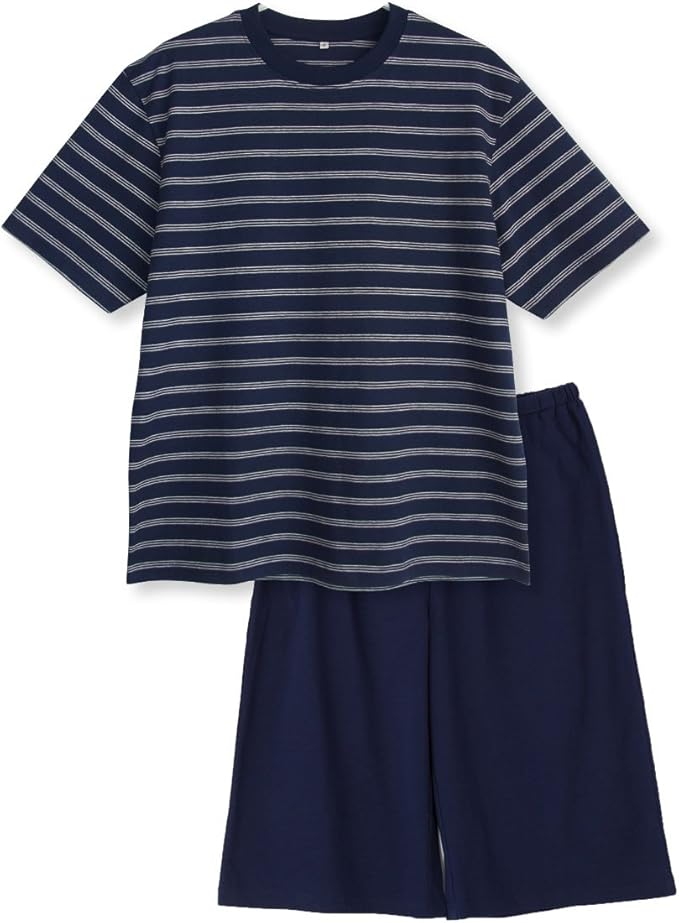 Amazon ノーブランド品 綿100 春 夏 半袖メンズパジャマ 柔らかく軽い薄手のtシャツパジャマ上下セット ボーダー ｌサイズ ネイビー パジャマ 通販