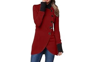 YMING Women Winter Single Breasted Pea Coat High Neck Solid Color Jacket Casual Irregular Hem Coats Plus Size