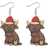 Cute Handmade Christmas Wooden Earrings Funny Cartoon Animal Cow Hippo Gingerbread Bowknot Lightweight Wood Dangle Drop Earrings for Women Xmas Holiday Jewelry Gift