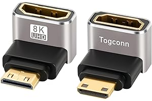 TOGCONN 90 Degree Mini HDMI to HDMI Adapter 2 Pack, (Up and Down) Right Angle Mini HDMI (Male) to HDMI (Female) L-Shaped Converter Connector Support 8K@60Hz,4K@120Hz for Raspberry Pi Zero, Camera, Monitor