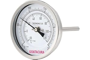 GOATACURA Bimetal Thermometer, Full Stainless Steel, 3" Dial Size, 6" Stem, 1/2" NPT Back Mount, 0-250 Deg F/-20-120 Deg C, 1