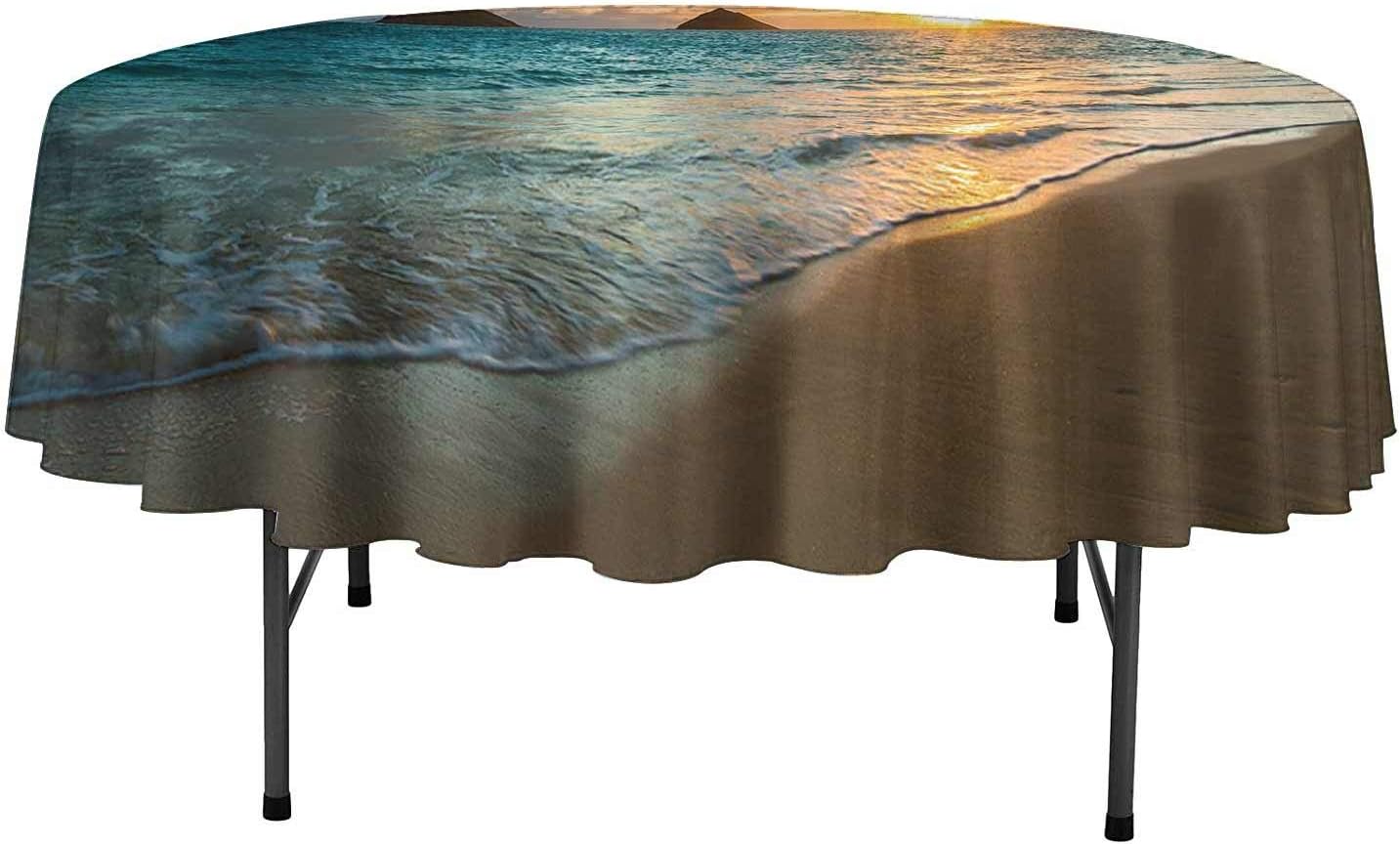 Hawaiian Decorations Collection Wrinkle Free Tablecloth Scenic Sunrise Over Ocean Rocks Sand Clouds Sunshine Tide Sunbeam Seashore Table Cover for Wedding Party D43 Inch Yellow Turquoise