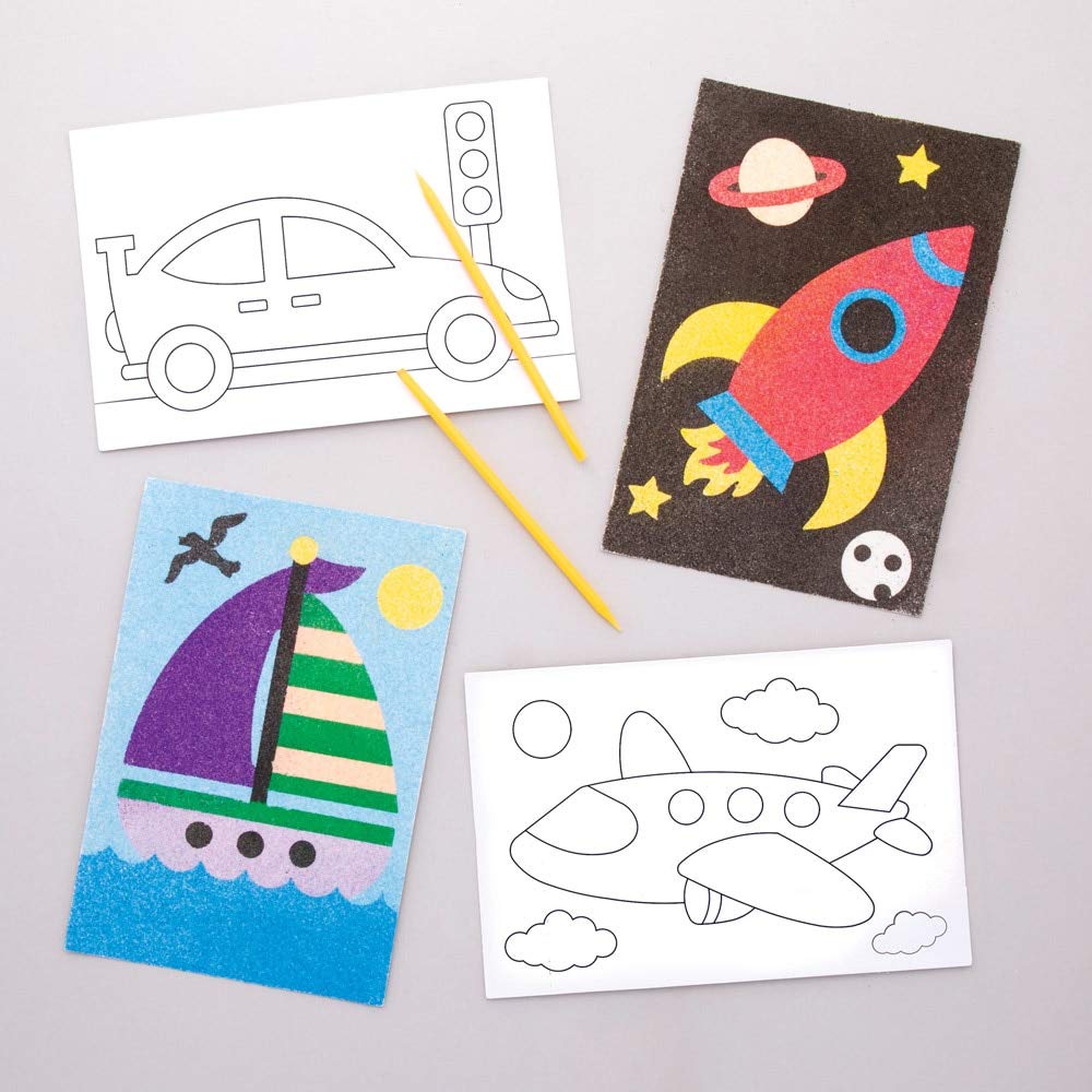 Baker Ross Transport Vehicles Sand Art Pictures (Pack of 8) for Kids To Decorate and Display, AW711