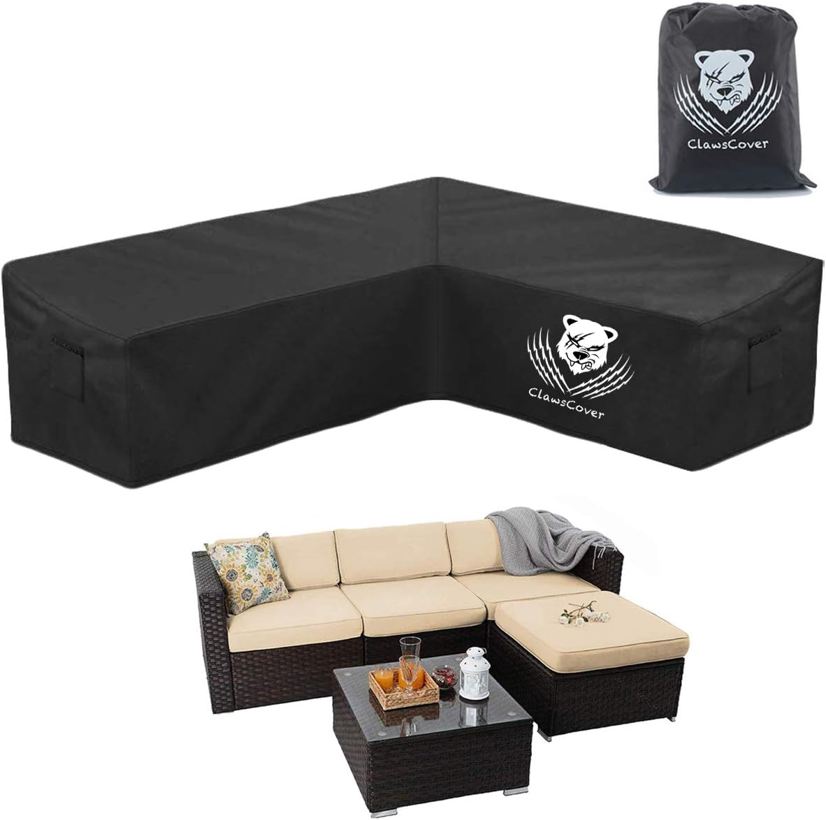 Clawscover L Shaped Sectional Sofa Covers Waterproof Outdoor Tear Proof Patio Couch Cover Garden Furniture Protector 6 Windproof Straps 2 Air Vents Left Facing Sofa Covers