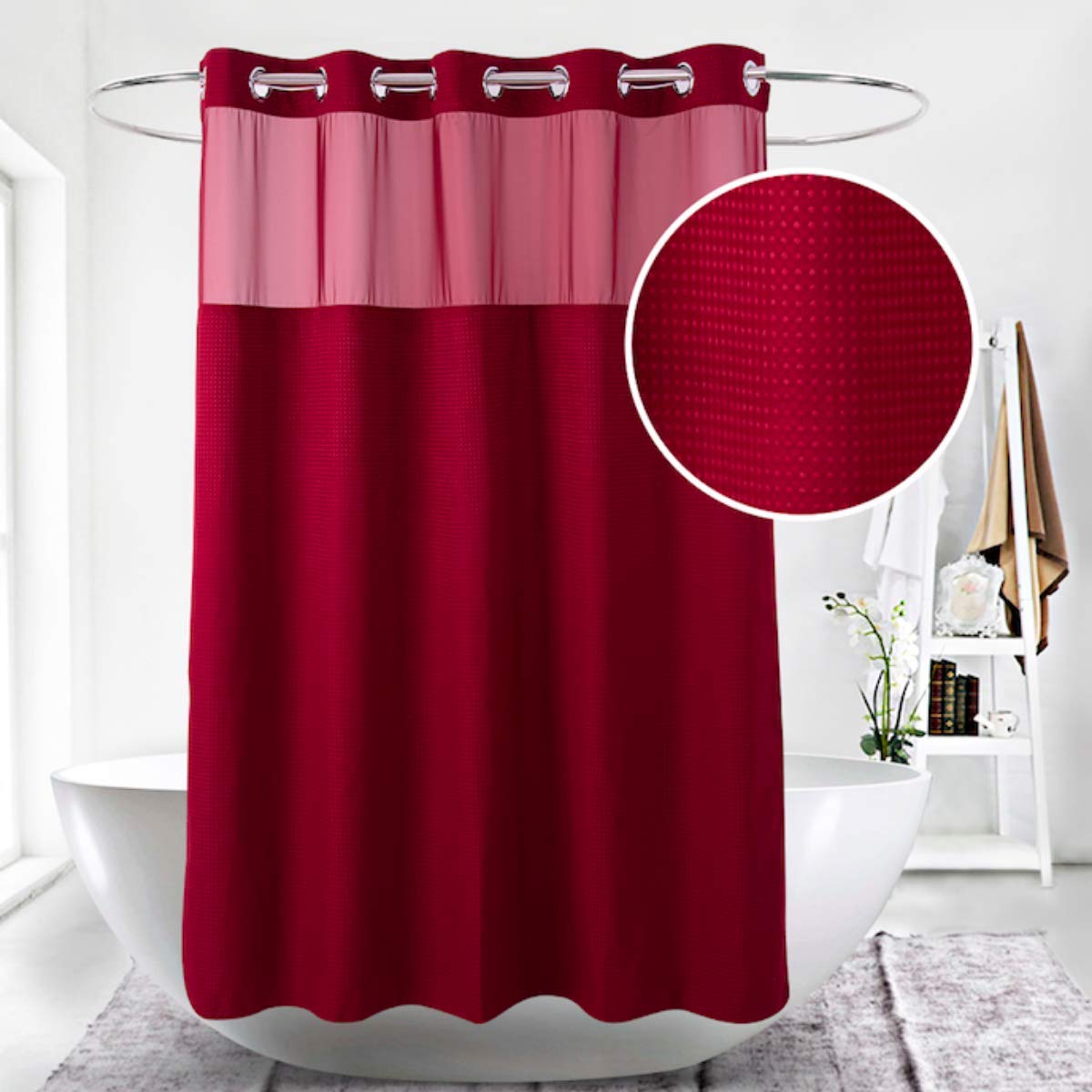 Ecoehoe Hotel Grade Waffle Weave Fabric Hook Free Shower Curtain with Replacement Liner - Heavy Duty Bath Curtain with See Through Top Machine Washable 71" W*79" L Red — image 1