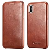 icarercase iPhone X Leather Case, iPhone XS Genuine Vintage Leather Flip Folio Opening Cover in Curved Edge Design, Side Open Case with Hidden Magnetic Snap for Apple iPhone 10 5.8 Inch - Brown