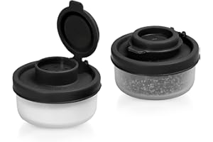 SIGNORA WARE SIGNORAWARE Salt and Pepper Shakers Moisture Proof Set of 2 Small Mini Salt Shaker to go Camping Picnic Outdoors Kitchen Lunch Boxes Travel Spice set Clear with Black Covers Plastic Airtight Dispenser