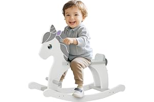 FUNLIO Wooden Rocking Horse Ages 1-3, Charming Pony Baby Rocking Horse with Long Seat & Backrest, Easy to Assemble Toddler Ri