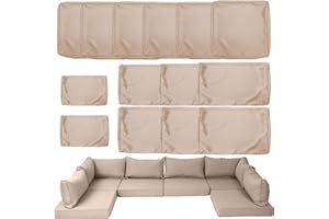 SPACEHOP 14 Piece Outdoor Patio Cushion Cover Replacement, Waterproof Patio Cushion Covers, Outdoor Furniture Cushion Covers Set for 6 Seat Wicker Rattan Sofa (Khaki, 25.6 * 25.6 * 4 inch)