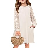 Haloumoning Girls Contrast Lace Long Sleeve Dress Kids Casual Pleated A Line Short Dresses with Pockets 5-14 Years
