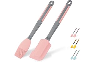 TUYOTUE Extra Long Pastry Brush - Silicone Spatula - Basting Brush+Spatula Silicone Heat Resistant,for Baking Scraping Mixing BBQ Grill Kitchen Cooking Spread Oil Butter Sauce (Pink Brush+Spatula)