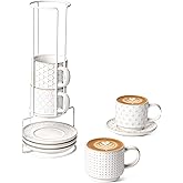 LE TAUCI Stackable Cappuccino Cups with Saucers and Stand, Set of 4, 6 oz Ceramic Coffee Cup Set for Espresso Au Lait, Flat White, Tea, Americano, Dishwasher & Microwave Safe, Embossed, White