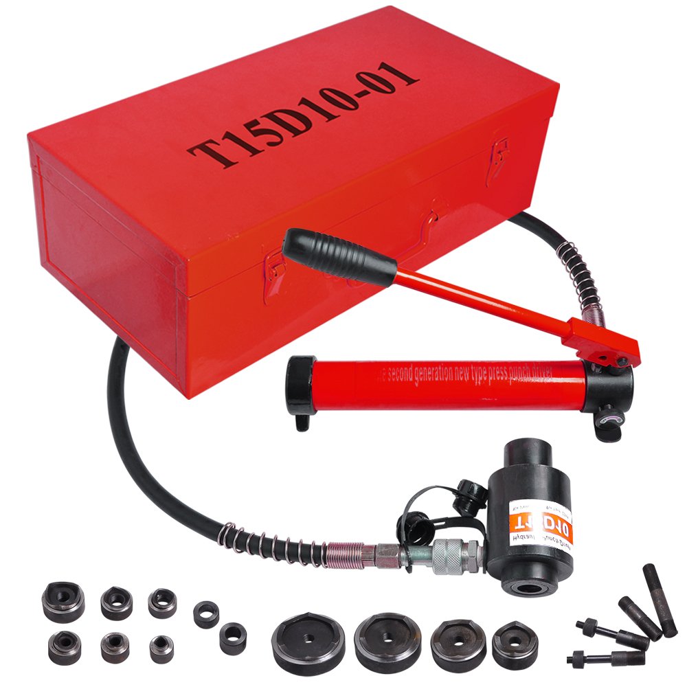 15 Ton 1/2" to 4" Hydraulic Knockout Punch Driver Kit Hole Complete Tool 10 Dies 11 14 Gauge Tool Metal Case Red