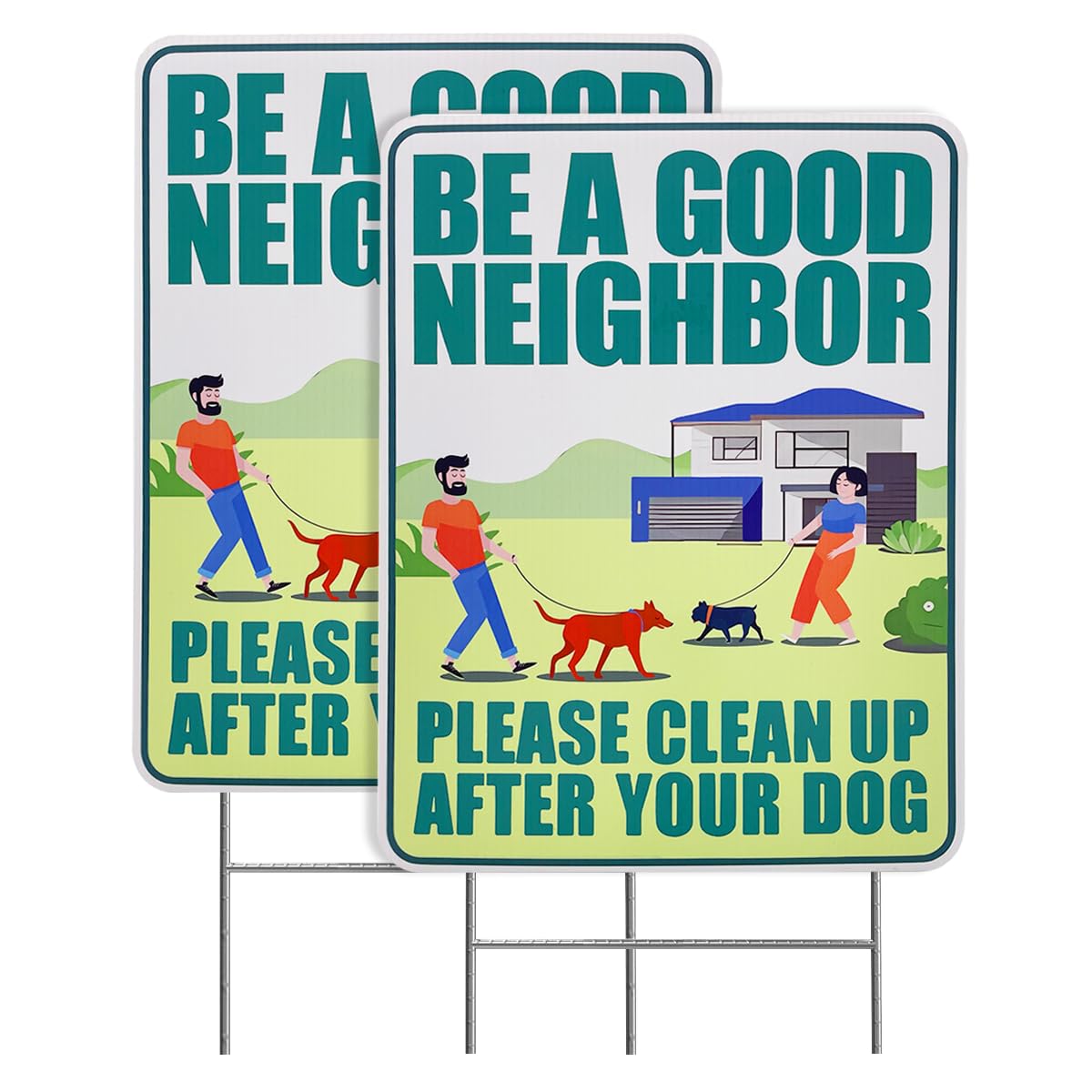 Clean Up After Your Dog Sign with 2pcs Metal H Stakes, 12"x9" Be a Good Neighbor No Pooping Sign for Yard Pick Up