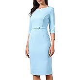 Allegra K Work Dress for Women 3/4 Sleeve Boat Neck Back Slit Business Casual Elegant Dresses with Belt