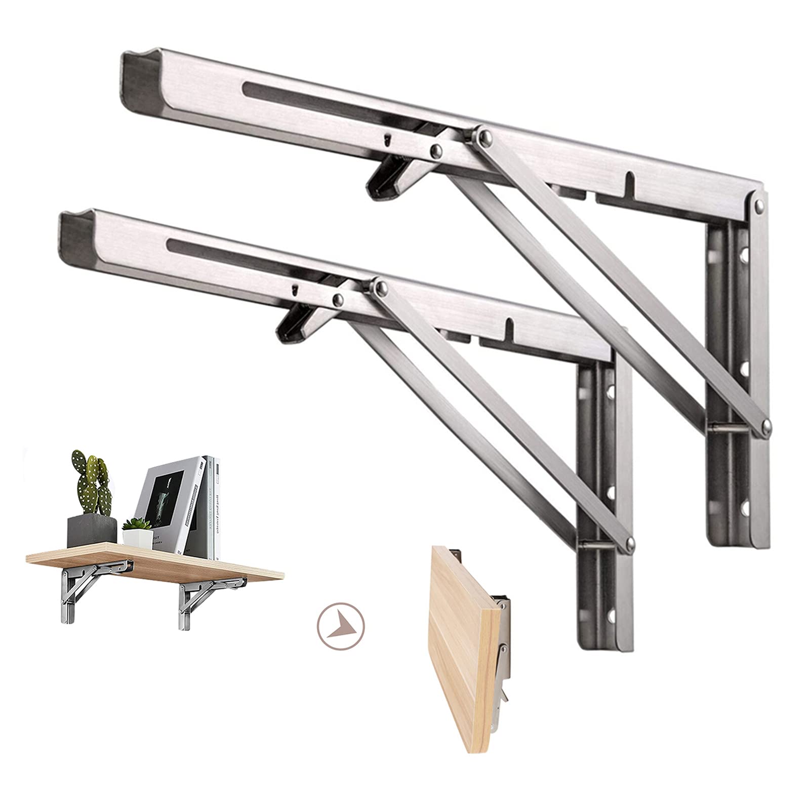 Folding Shelf Brackets 6Inch, 2pcs Stainless Steel Collapsible Shelf Bracket for Bench Table, Folding Brackets Wall Mounted Space Saving DIY Triangle Bracket, Max Load 40kg