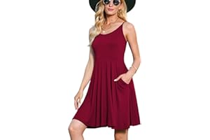 Jouica Women's Summer Casual Loose Beach Strapless Strap Off Shoulder Sleevelesss Dresses with Pocket,Wine Red,Large