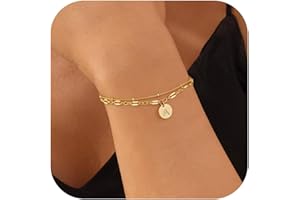 Anoup Gold Initial Bracelets for Women Girls, Dainty 14K Gold Plated Personalized Disc Charm Bracelets Lip Chain Bracelets Jewelry for Women Girls
