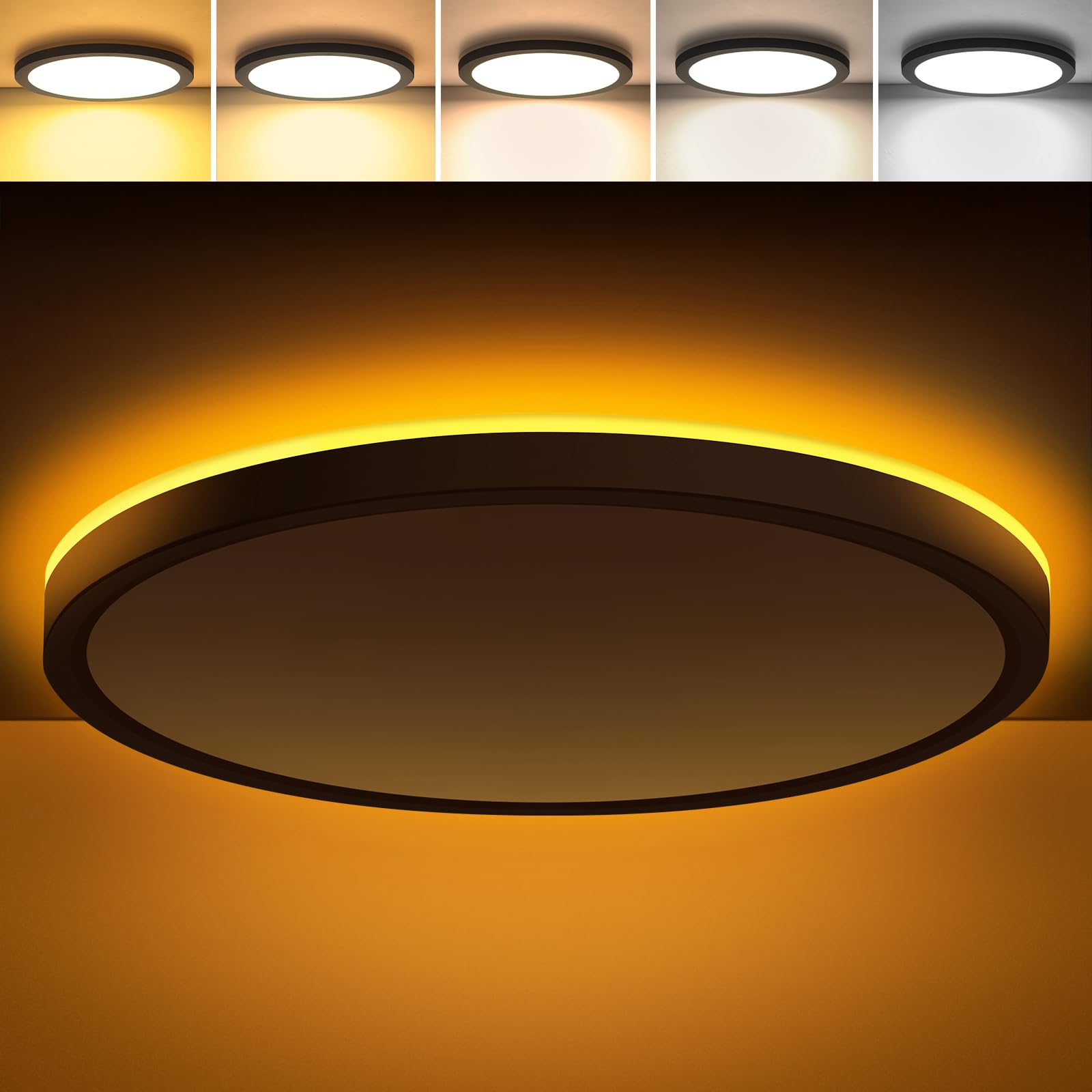 Photo 1 of Brightever 12 Inch LED Flush Mount Ceiling Light Fixture with Night Light, 24W 2400LM Modern Ceiling Light, 2700K/3000K/4000K/5000K/6500K Selectable & Dimmable Ceiling Lamp for Bedroom, Black, 1 Pack