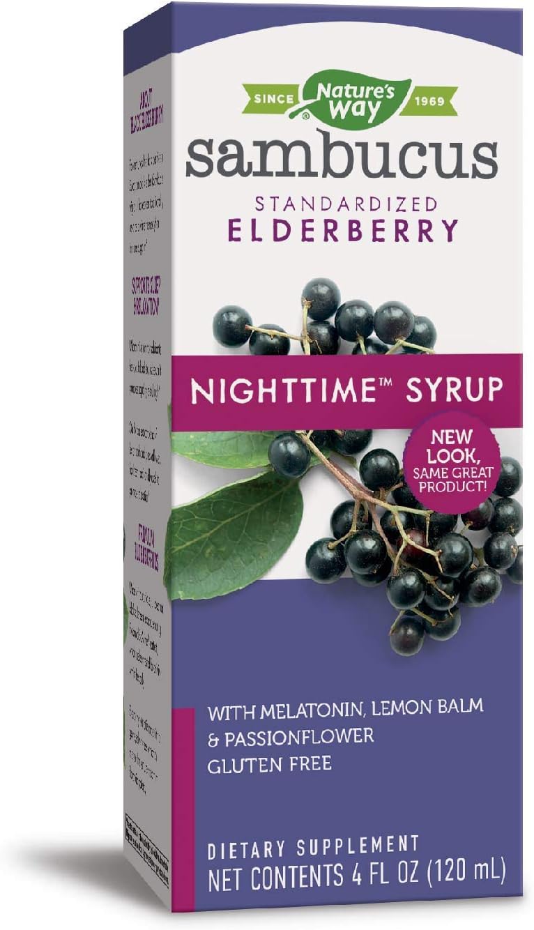 Nature's Way Sambucus NightTime Standardized Elderberry Syrup + Melatonin & Herbs for Restful Sleep, 4 fl. oz. (Packaging May Vary)
