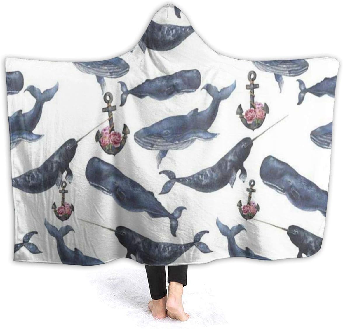 EJudge Hooded Blanket Whale Anchor Peony Flower Cachalot Narwhal Wearable Fleece Blankets Soft Warm for Kid Adults Women Men Throw Cuddle Poncho Cloak Cape 50 x 40 inch