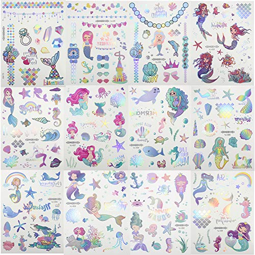 Koogel 180PCS Mermaid Tattoos,12 Sheets Temporary Tattoos for Girls Mermaid Temporary Tattoos for Childrens Party Mermaid Party Filler Decoration