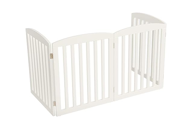 PAWLAND WOODEN FREESTANDING FOLDABLE PET GATE FOR DOGS, 24 INCH 4 PANELS STEP OVER FENCE, DOG GATE FOR THE HOUSE, DOORWAY, STAIRS, EXTRA WIDE (WHITE, 24″ HEIGHT-4 PANELS)