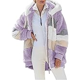Dokotoo Womens 2025 Winter Fuzzy Fleece Jacket Hooded Color Block Patchwork Cardigan Coats Outerwear with Pockets