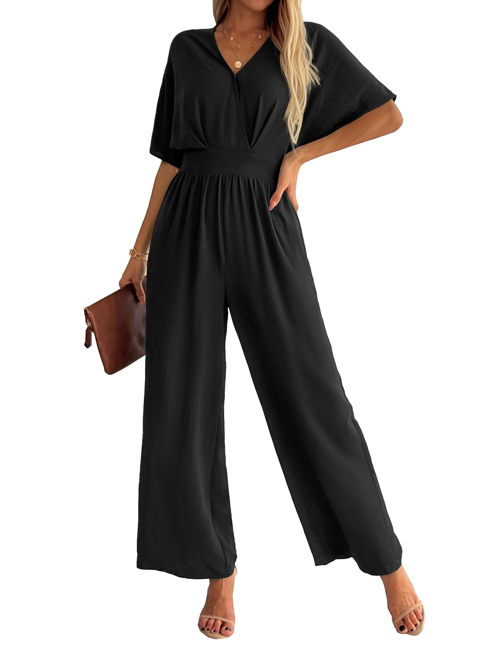 Photo 1 of LOOKBOHO Womens Jumpsuits Dressy Elegant Batwing Sleeve V Neck One Piece Wide Leg Sexy Long Pants Romper Black M