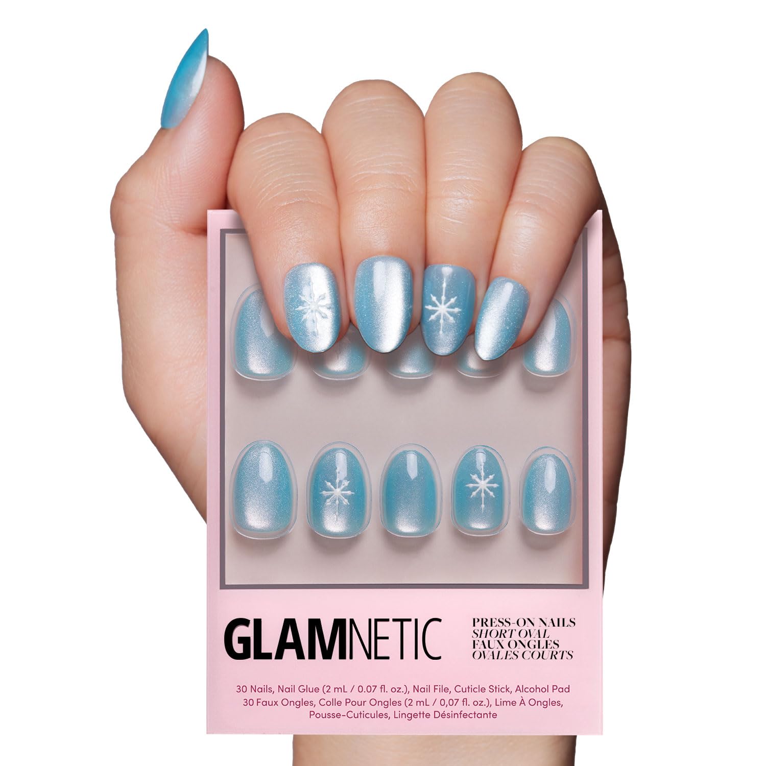 Photo 1 of Glamnetic Press On Nails - Subzero | Opaque Pale Icy Blue Snowflake Graphic Short Oval Fake Nails in a Velvet Finish, Salon Quality | 15 Sizes - 30 Nail Kit
