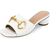 Coutgo Womens Heeled Slides Sandals Square Open Toe Chunky Block Low Heel Metal Chain Dressy Shoes