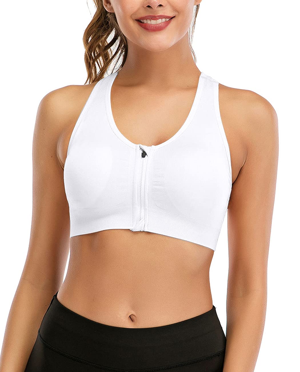 Photo 1 of Women's Zip Front Sports Bra - Wireless Post-Surgery Bra, Medium Support for Yoga & Light Workouts White