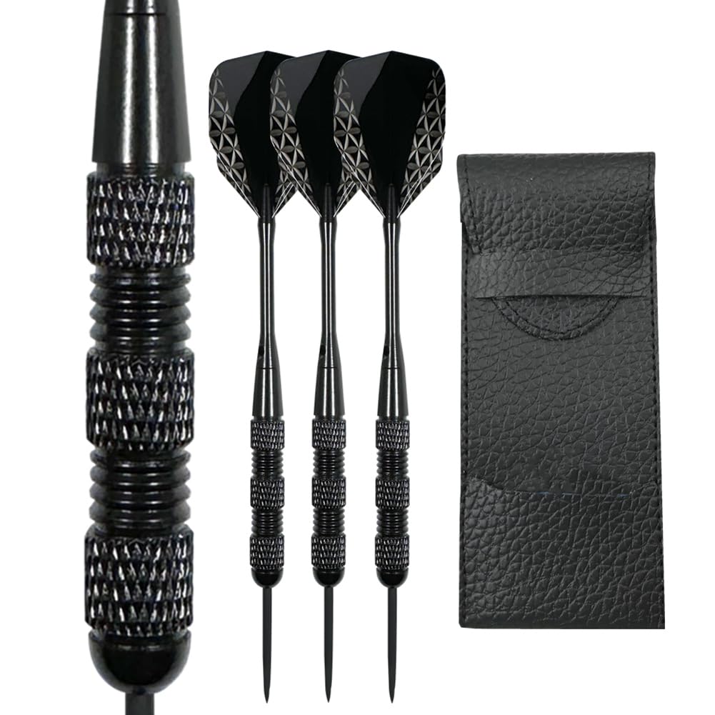 Aiqilai Darts Set 20g, 3 Pack Steel Tip All Black Darts, with Aluminum Shafts Portable Dart Storage PU Case