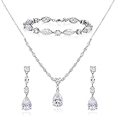 SWEETV Bridal Jewelry Set for Wedding, Cubic Zirconia Necklace Dangle Drop Earrings Bracelet Set, Teardrop Marquise Brides Bridesmaids Wedding Prom Anniversary Jewelry Gifts for Women