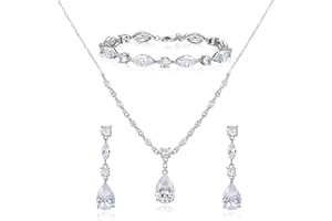 SWEETV Bridal Jewelry Set for Wedding, Cubic Zirconia Necklace Dangle Drop Earrings Bracelet Set, Teardrop Marquise Brides Bridesmaids Wedding Prom Anniversary Jewelry Gifts for Women