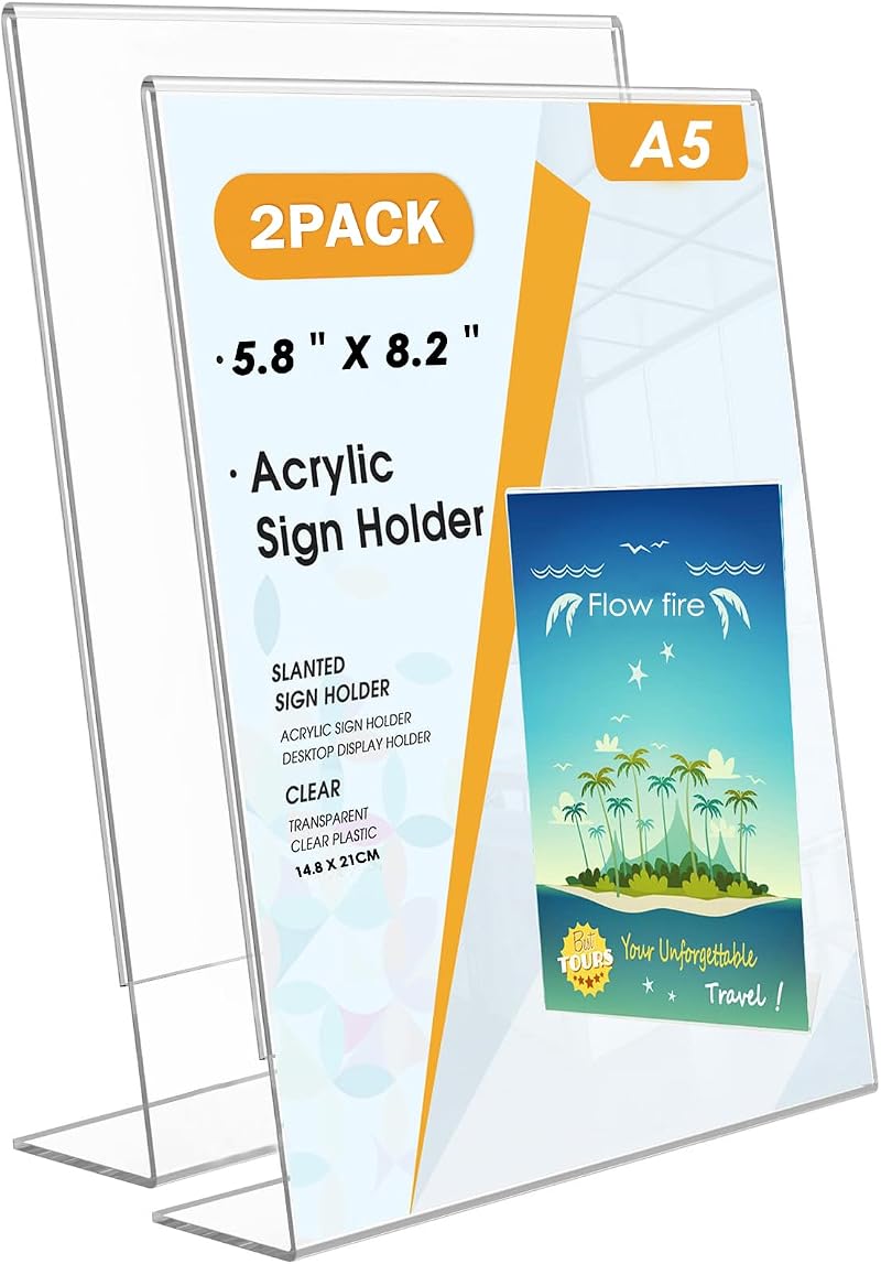 Flow fire A5 Acrylic Sign Holder 2 Pack Slant Back Clear Perspex Display