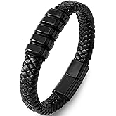 Edulex Stainless Steel Mens Bracelets - Black Leather Punk Cuff Jewelry