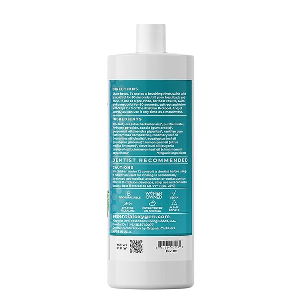 ESSENTIAL OXYGEN CERTIFIED BR ORGANIC BRUSHING RINSE, ALL NATURAL MOUTHWASH FOR WHITER TEETH, FRESHER BREATH, AND HAPPIER GUMS, ALCOHOL-FREE ORAL CARE, PEPPERMINT, 32 OUNCE