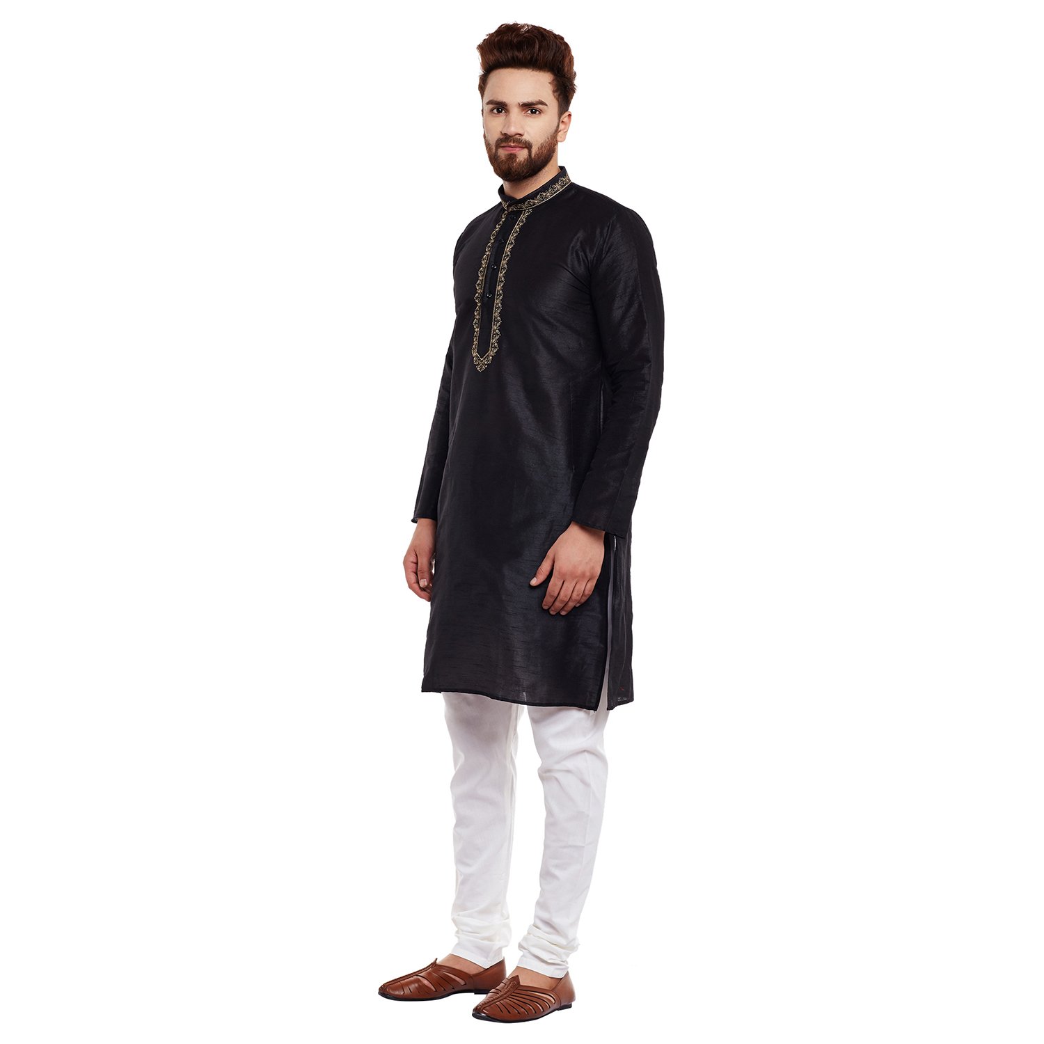 sojanya (since 1958) men's dupion silk kurta & churidaar pyjama with front embroidery